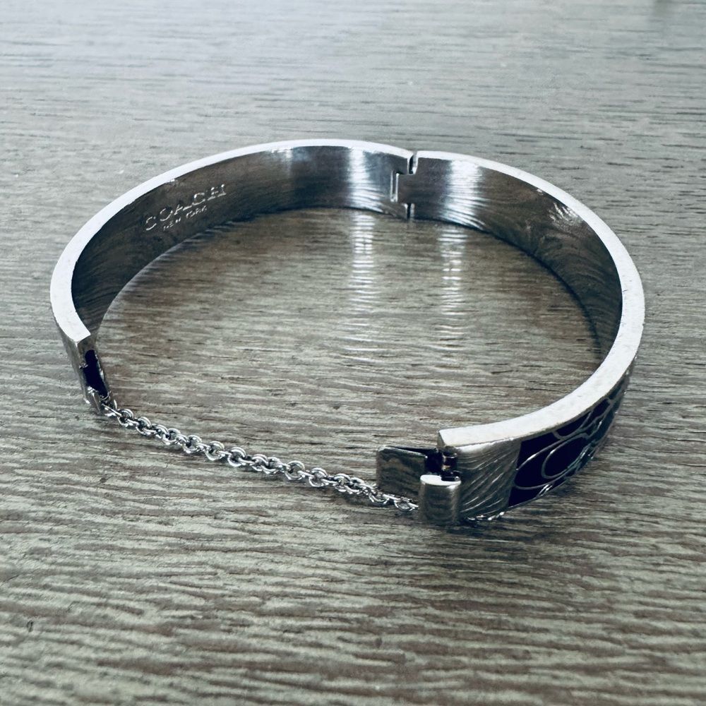 Coach Silver Black Enamel C Logo Cuff Bangle Bracelet - Picture 5 of 5